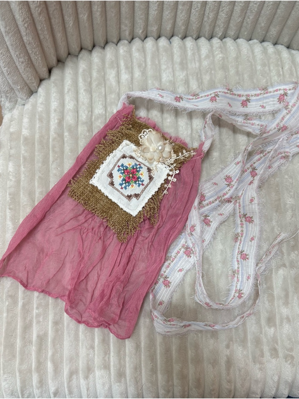 Handmade Pink Boho Jabot with Floral Embroidered Cross.